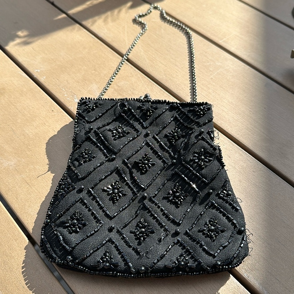 Zandraz Vintage hand beaded kisslock black evening bag clutch top handle purse 🍄